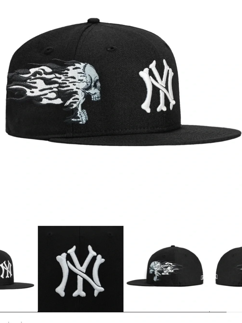 Black Kids Snapback Hat with White Skull Embroidery